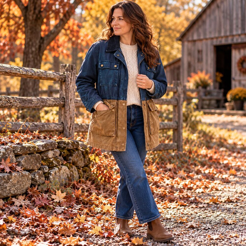 J.Crew Long Colorblock Field Jacket M Waxed Cotton Canvas Navy Tan Barn Chore Co - Picture 8 of 16